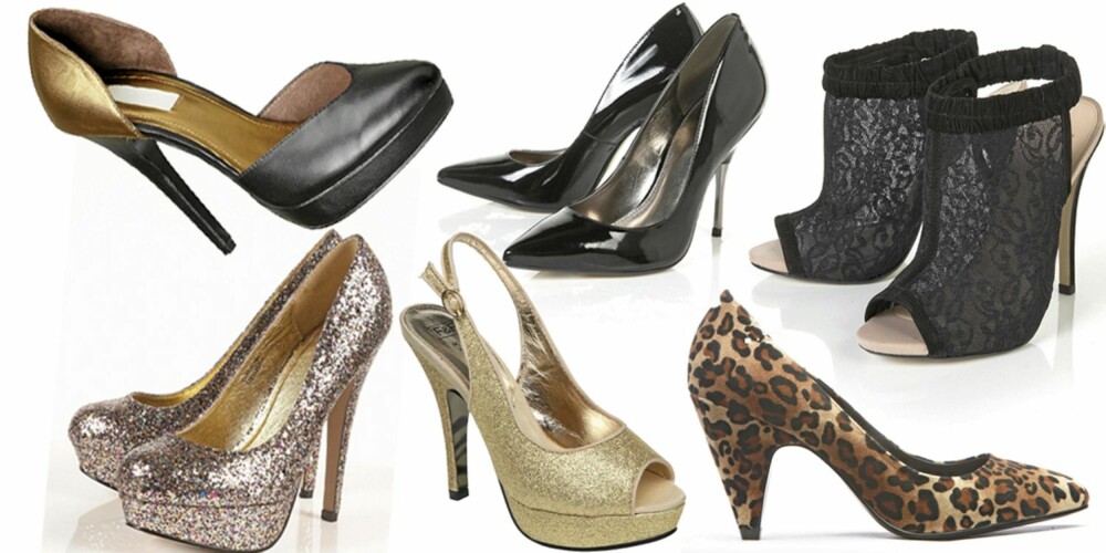 FRA VENSTRE: Metallisk skimrende sko fra H&M (kr 500), platåsko med glitter fra Topshop (kr 600), sorte pumps fra Topshop (kr 650), gullfargete platåsko fra Tesco (kr 220), peeptoesko med blonder fra Topshop (kr 670), pumps med leopardprint fra Bianco (kr 400) FRA VENSTRE: Metallisk skimrende sko fra H&M (kr 500), platåsko med glitter fra Topshop (kr 600), sorte pumps fra Topshop (kr 650), gullfargete platåsko fra Tesco (kr 220), peeptoesko med blonder fra Topshop (kr 670), pumps med leopardprint fra Bianco (kr 400)