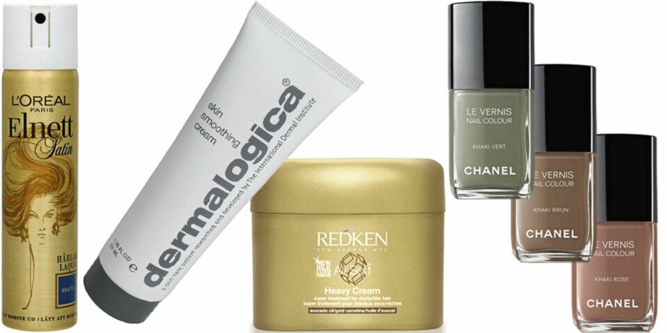 FRA VENSTRE: L'Oréal Elnett hårspray (kr 76), Dernalogica Skin Smoothing Cream (kr 460), Redken All Soft Heavy Cream (kr 414), Chanel Le Vernis Nail Colour Les Khakis (kr 210).