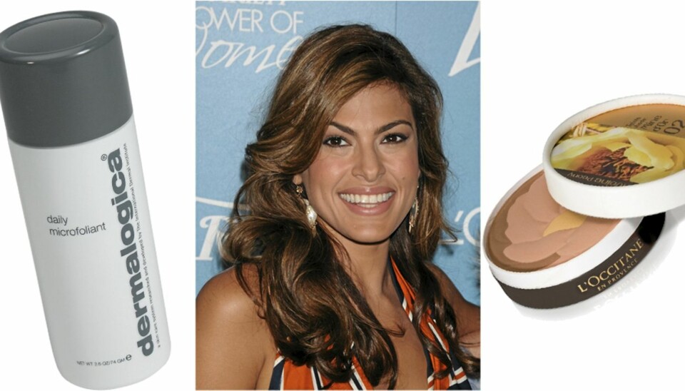 FRA VENSTRE: Dermalogica Daily Microfoliant (kr 590 ), vakre Eva Mendes stråler, L'Occitane Peony (kr 298)