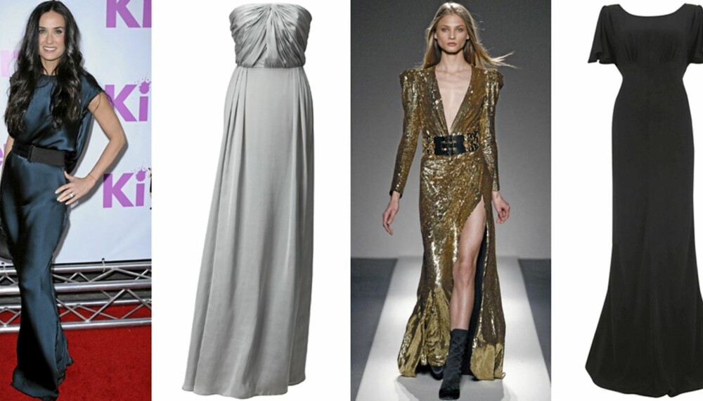 FRA VENSTRE: Demi Moore i en fotsid kjoel fra Lanvin, H&M (kr 799), på catwalken til Balmain, Warehouse (kr 769).