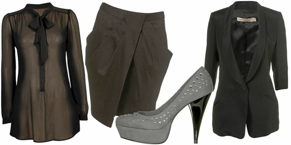 FRA VENSTRE: Bluse fra Cubus (kr 249), skjørt fra Topshop (kr 280), sko fra Din Sko (kr 499), blazer fra Kate Moss Topshop (kr 1165). FRA VENSTRE: Bluse fra Cubus (kr 249), skjørt fra Topshop (kr 280), sko fra Din Sko (kr 499), blazer fra Kate Moss Topshop (kr 1165).