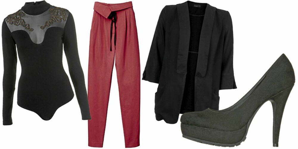 FRA VENSTRE: Body fra Topshop (kr 326), bukse fra HM (kr 399), blazer fra Vila (kr 400), Sko fra Din Sko (kr 399). FRA VENSTRE: Body fra Topshop (kr 326), bukse fra HM (kr 399), blazer fra Vila (kr 400), Sko fra Din Sko (kr 399).