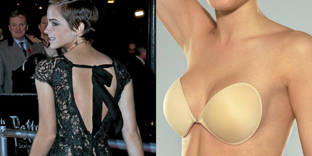 ÅPEN RYGG: Emma Watson i kjole med åpen rygg, vinge-BH fra Freebra (kr 199). ÅPEN RYGG: Emma Watson i kjole med åpen rygg, vinge-BH fra Freebra (kr 199).