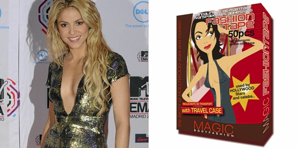 PUPPETAPE: Shakira i kjole med dyp utrigning, puppetape fra Magic (kr 145).