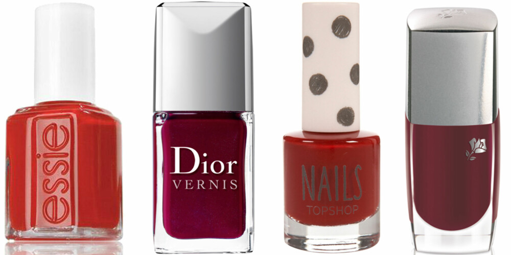 FRA VENSTRE: Essie Silken Chord (kr 145), Dior Vernis nr. 943 Rouge Garconne (kr 215), Topshop Nails Bad Habit (kr 49), Lancôme Le Vernis nr. 107 Rouge Panthère (kr 195).