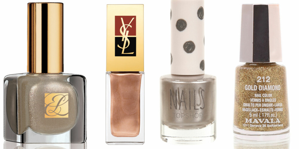 FRA VENSTRE: Estée Lauder Extravagant Pearl (kr 195), YSL La Laque nr. 140 (kr 190), Topshop Nails Silver Bullett (kr 49), Mavlana nr. 212 Gold Diamond (kr 45).