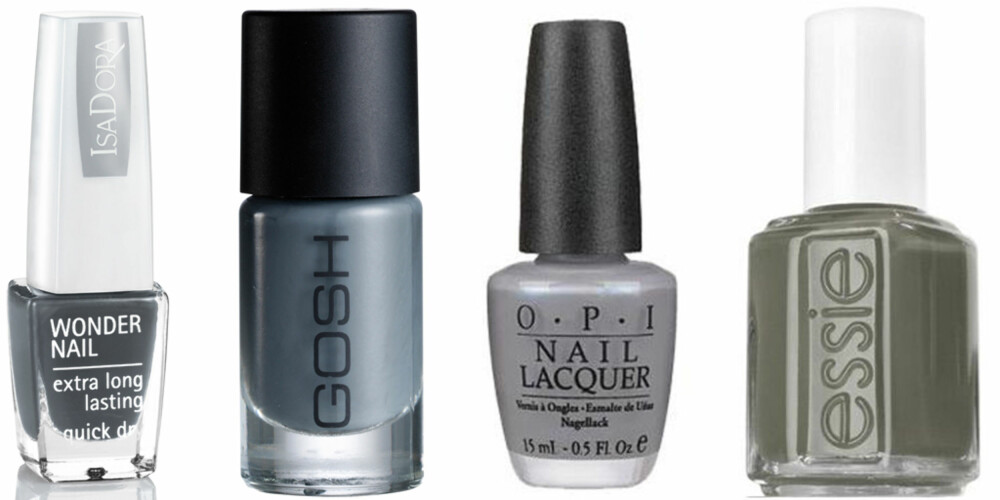 FRA VENSTRE: IsaDora Wonder Nail nr 65 (kr 79), Gosh Miss Grey (kr 79), OPI Nail Lacquer Give Me The Moon! (kr 160), Essie Sew Psyched (kr 149).