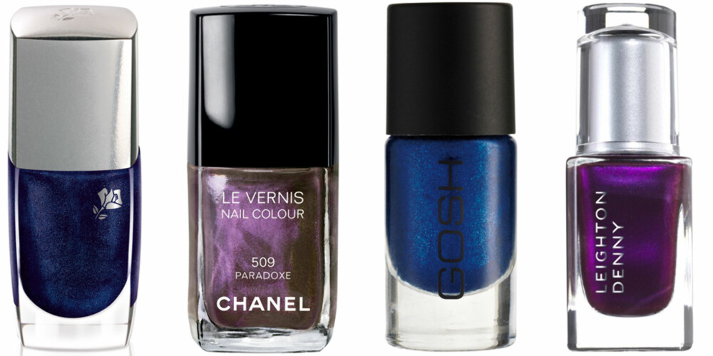 FRA VENSTRE: Lancôme Le Vernis nr. 013 Indigo Paris (kr 195), Chanel Le Vernis nr. 509 Paradoxe (kr 210), Gosh Midnight Blue (kr 79), Leighton Denny Rebel (kr 105). FRA VENSTRE: Lancôme Le Vernis nr. 013 Indigo Paris (kr 195), Chanel Le Vernis nr. 509 Paradoxe (kr 210), Gosh Midnight Blue (kr 79), Leighton Denny Rebel (kr 105).