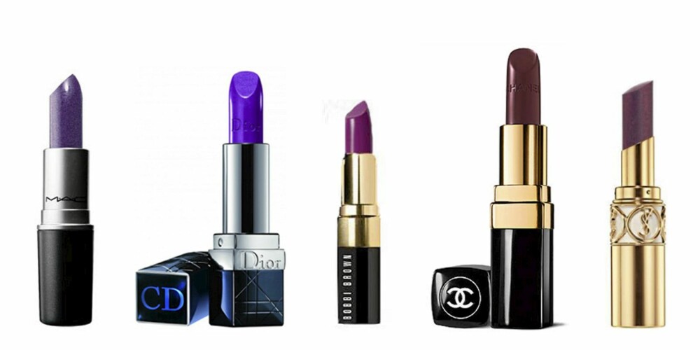 FRA VENSTRE: MAC Lipstick i Up The Amp (kr 155), Dior Rouge Dior i Mysterious Mauve (kr 280), Bobbi Brown Lipstick i Blackberry (kr 180), Chanel Rouge Coco i Rouge Noir (kr 260) og YSL Rouge Volupte i Mesmerizing Purple (kr 280).