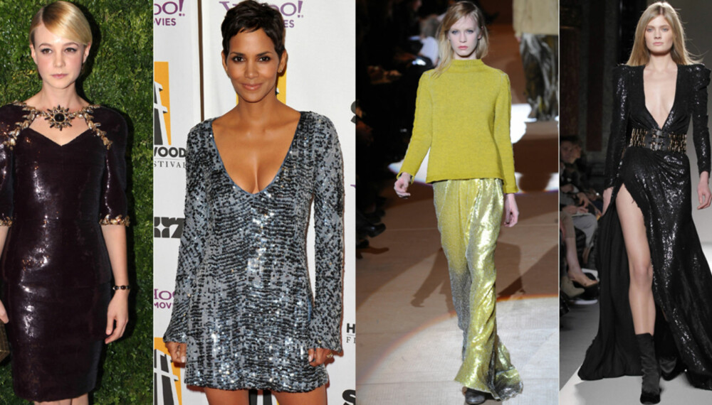 FRA VENSTRE: Carey Mulligan og Halle Berry i paljettkjoler, paljetter på catwalken til Marc Jacobs og Balmain. FRA VENSTRE: Carey Mulligan og Halle Berry i paljettkjoler, paljetter på catwalken til Marc Jacobs og Balmain.