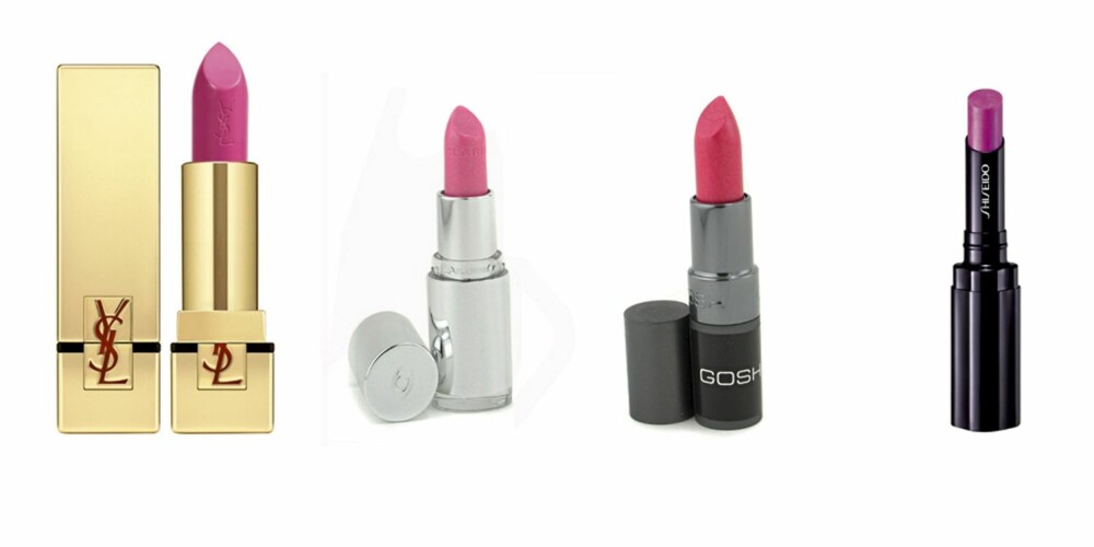 ROSA: Yves Saint Laurent (kr 220), Clarins Jolie Rouge (kr 145,50) , Gosh perleglans (kr 64,50), Shiseido shimmering rouge (kr 130)