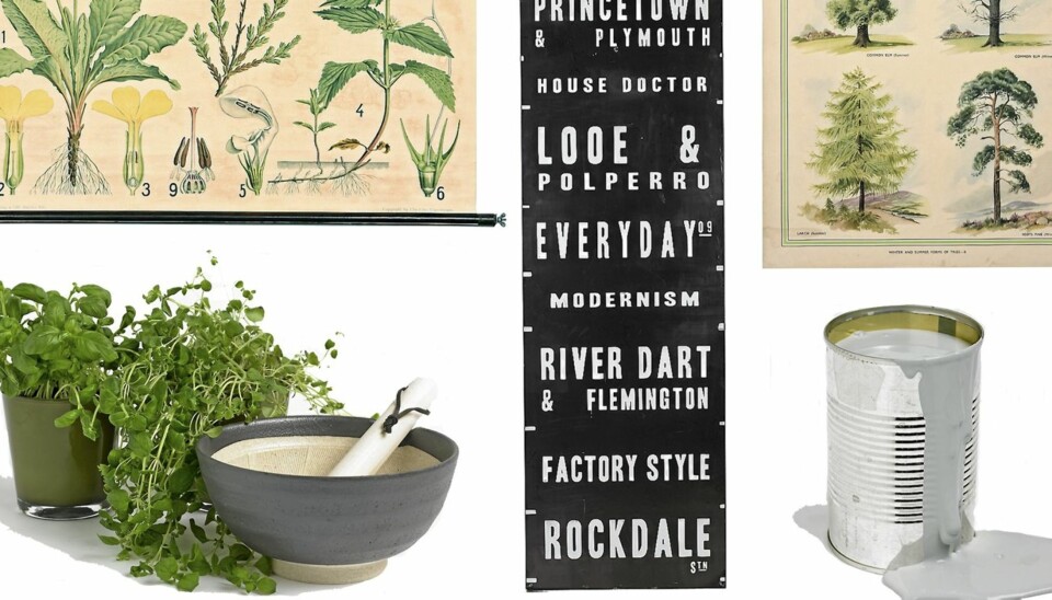 DEKORERING: Begge plansjene er fra Frou-frou. Plansjen med trær koster kr. 274,-. Veggplansje med blomster koster kr 356,-. Plakaten er fra House Doctor og koster kr 600,-. Glasspotter og morter fra R.O.O.M. Glasspottene koster 110,- og morteren kr 375,-. Gråmaling Lady Vegg med fargekode S3502-B fra Jotun, kr 299,- for tre liter.