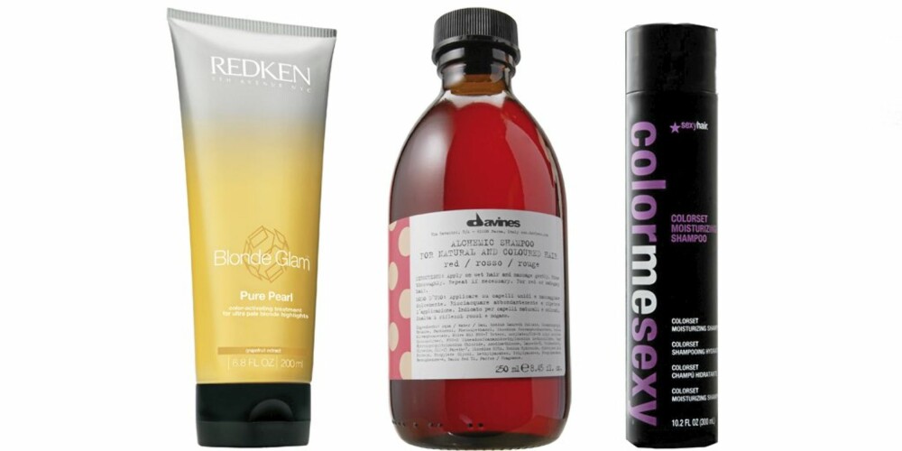 HÅRFARGEPROUKTER: Det finnes en rekke produkter som skal bevare hårfargen lenger. Redken Blonde Glam er beregnet på blondt hår, Davines Alchemic Shampo Rosso skal fremheve rødtoner og Sexy Hair Colour me sexy passer til alle hårfarger. HÅRFARGEPROUKTER: Det finnes en rekke produkter som skal bevare hårfargen lenger. Redken Blonde Glam er beregnet på blondt hår, Davines Alchemic Shampo Rosso skal fremheve rødtoner og Sexy Hair Colour me sexy passer til alle hårfarger.