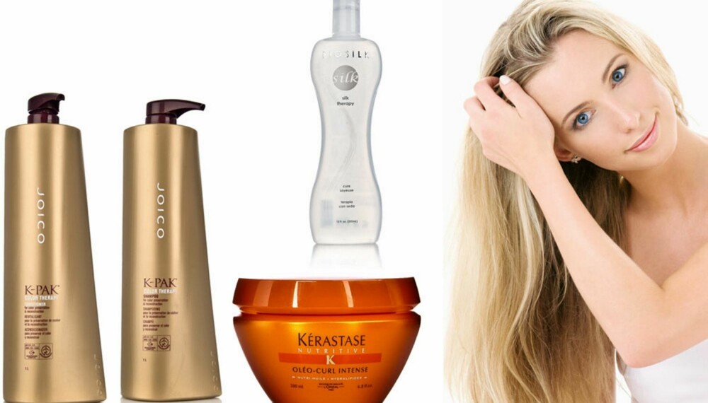PLEIE: Langt hår trenger ekstra pleie. Fra venstre: Joico Color Therapy Shampoo, 389 kr, Joico Color Therapy Conditioner, 409 kr, Kérastase Masque Oléo Curl Intense, 319 kr, Biosilk Silk Therapy Treatment, 349 kr. PLEIE: Langt hår trenger ekstra pleie. Fra venstre: Joico Color Therapy Shampoo, 389 kr, Joico Color Therapy Conditioner, 409 kr, Kérastase Masque Oléo Curl Intense, 319 kr, Biosilk Silk Therapy Treatment, 349 kr.