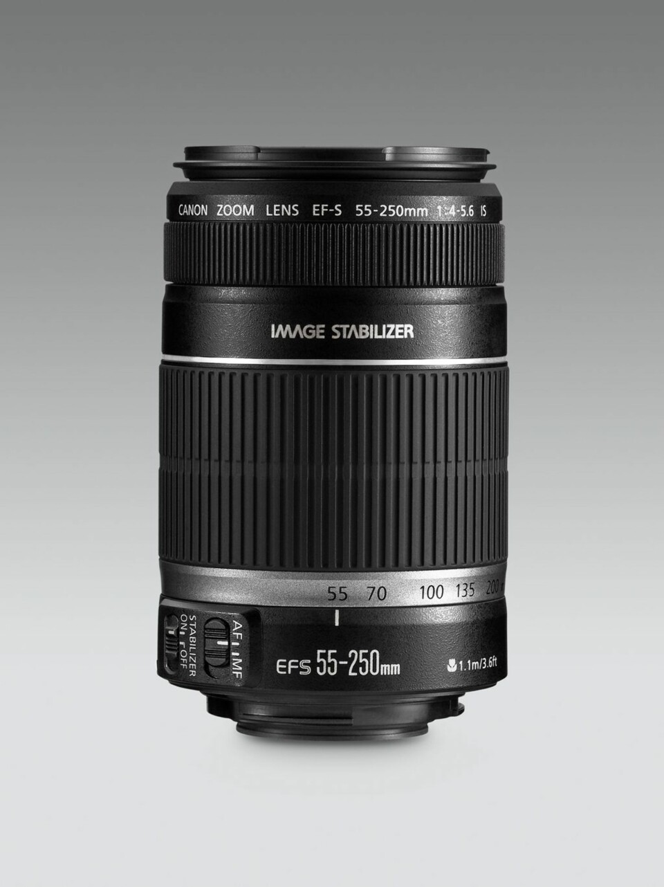 Et zoomobjektiv har to oppgitte brennvidder. Dette objektivet fra Canon strekker seg fra 55 mm til 250 mm.