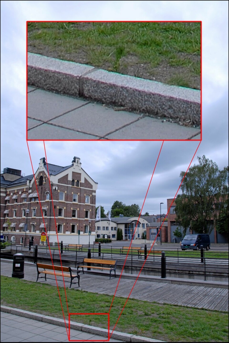 Den grønne og rosa linjen på hver sin side av fortauskanten er et eksempel på fargebrytingsfeil.