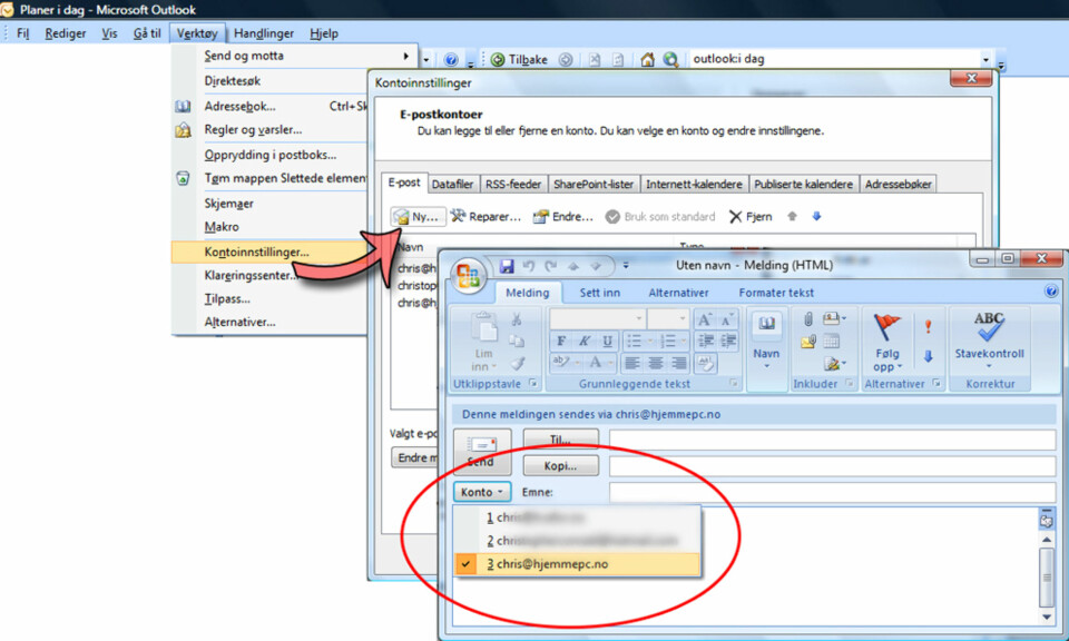 FLERE KONTOER: Man kan sette opp flere kontoer i Outlook. Når man så sender e-post, kan man velge hvilken konto e-posten skal sendes fra.
