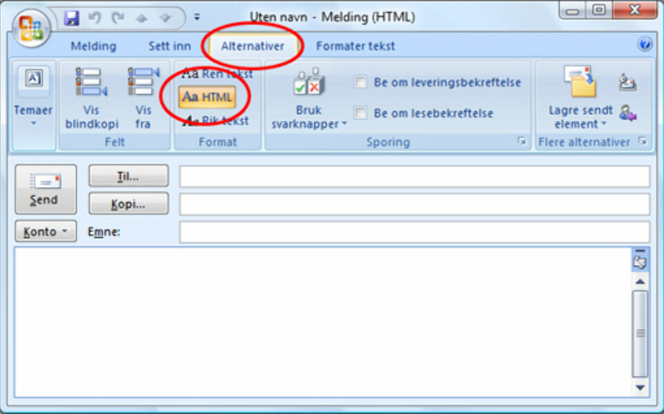 WINMAIL.DAT: For å sikre at mottager kan lese e-post du sender, kan det være greit å sende i HTML eller Ren tekst. E-post skrevet i rik tekst, vil kun Outlook kunne åpne.