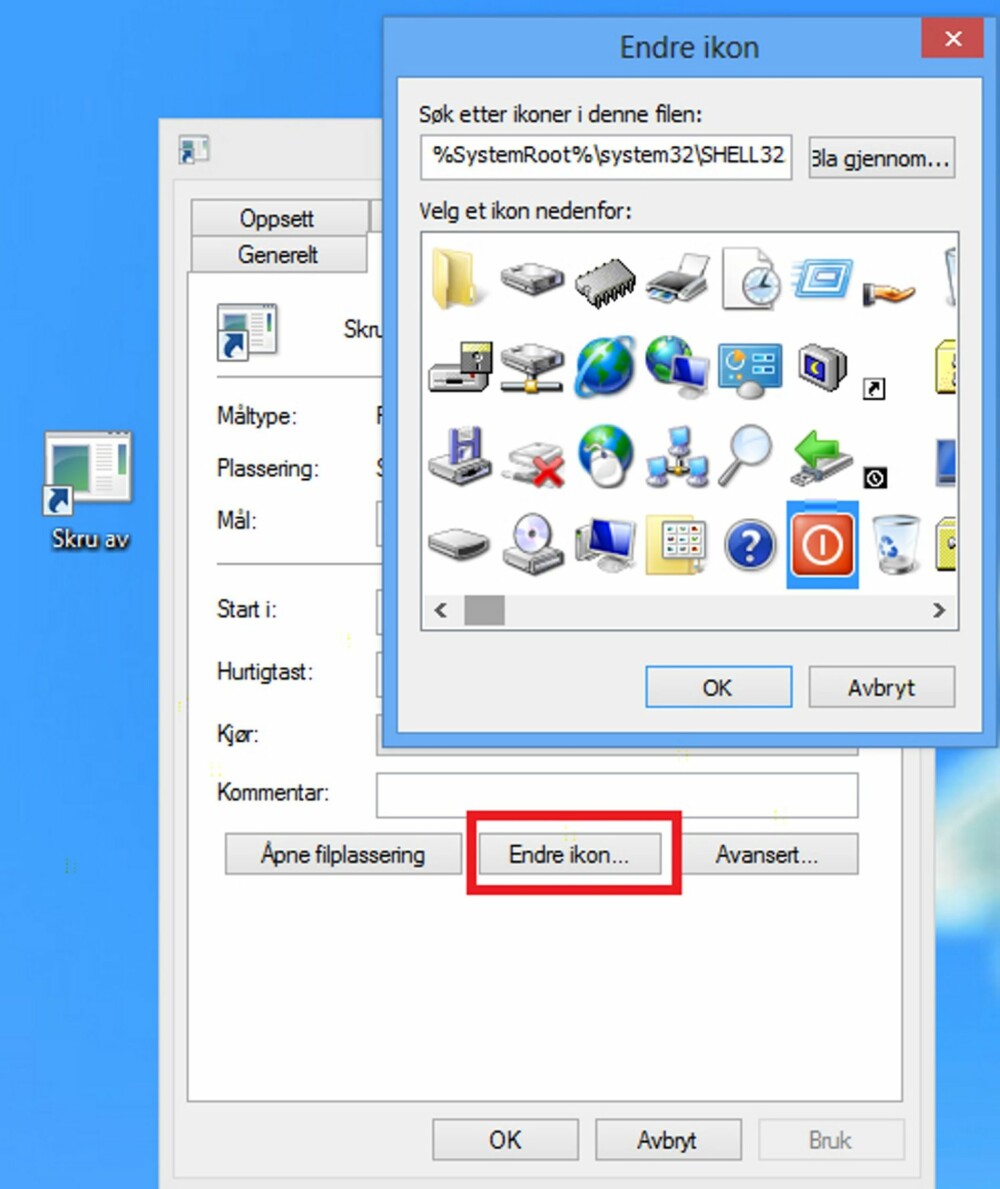 4. Det kan være fint å gi snarveien et litt mer forståelig ikon, det kan du gjøre ved å høyreklikke på din nye snarvei, for så å velge «Endre ikon». Velg et du ønsker å bruke, og trykk OK.