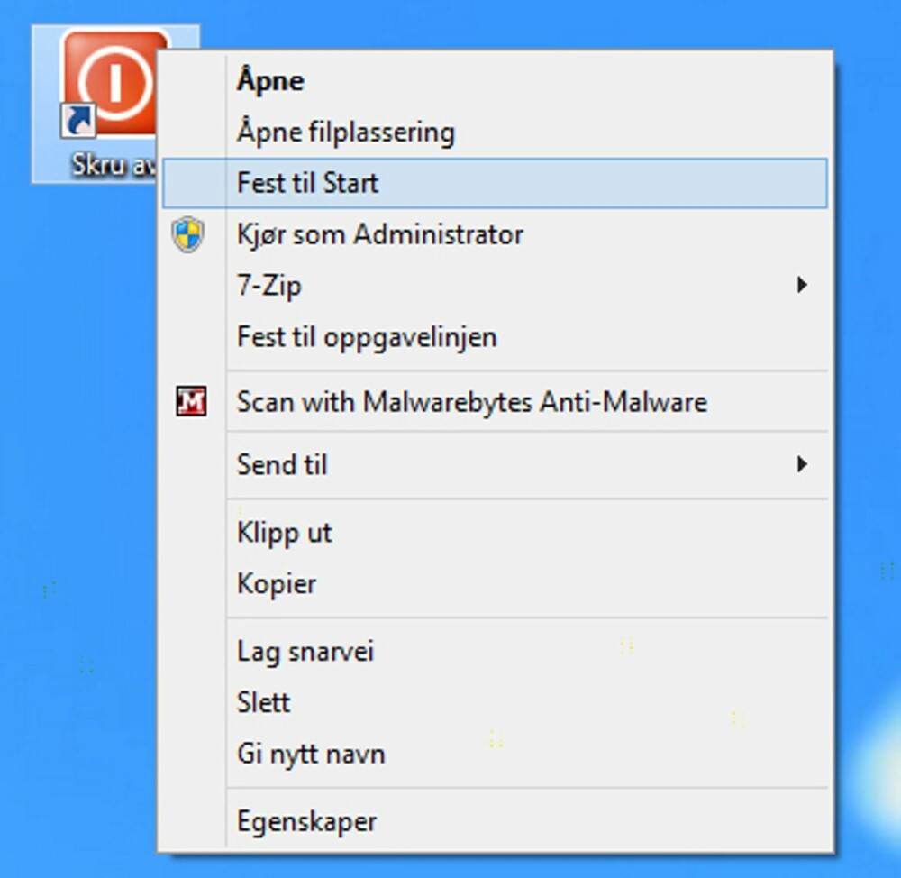 5. Ønsker du å plassere din nye snarvei på startskjermen i Windows 8, gjør du det ved å høyreklikke på snarveien og velge «Fest til Start». 5. Ønsker du å plassere din nye snarvei på startskjermen i Windows 8, gjør du det ved å høyreklikke på snarveien og velge «Fest til Start».