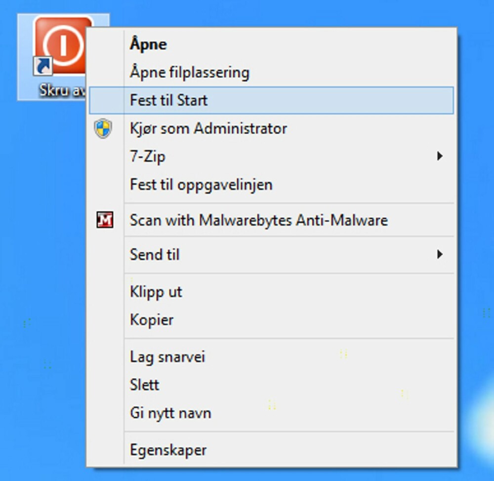 5. Ønsker du å plassere din nye snarvei på startskjermen i Windows 8, gjør du det ved å høyreklikke på snarveien og velge «Fest til Start».