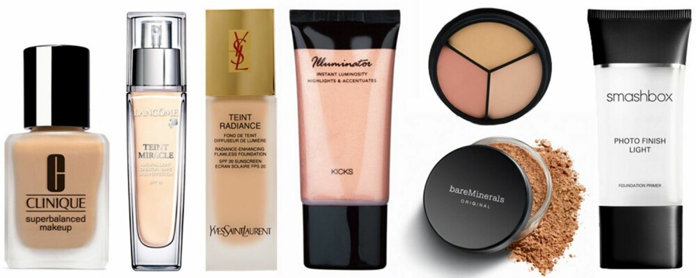 GODT GRUNNLAG: Clinique Superbalanced Makeup, 285,-, Lancôme Teint Miracle, 385,-, YSL Teint Radiance, 385,-, Kicks Illuminator, 139,-, Makeupstore Concealer, 265,-, Bare Minerals Mineral Foundation, 449,-, SmashBox Primer, 260,-