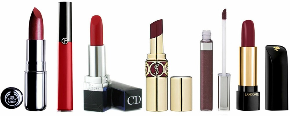 LEPPER: Bodyshop Colourglide LipColour i Forbidden Burgundy, Giorgio Armani Gloss D'Armani i Rouge 400, 390,-, Rouge Dior i Celebrity Red, 285,-, YSL Rouge Volupte i Forbidden Burgundy, 265,-, Maybelline Color Sensational i Wine All Mine, 110,-, L'Absolue Royge i Hypnose, 285,-. LEPPER: Bodyshop Colourglide LipColour i Forbidden Burgundy, Giorgio Armani Gloss D'Armani i Rouge 400, 390,-, Rouge Dior i Celebrity Red, 285,-, YSL Rouge Volupte i Forbidden Burgundy, 265,-, Maybelline Color Sensational i Wine All Mine, 110,-, L'Absolue Royge i Hypnose, 285,-.