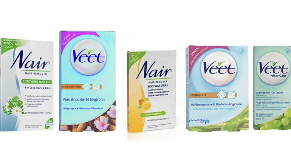 VOKSPRODUKTER: Fra venstre: Nair wax soothing for legs, body, bikini, kr 95. Veet Waxtrips, kr 60. Nair body strips citrus, kr 89.   Veet Bikini Kit, kr 60.  Veet anti ingrowing hair creme, kr 125.