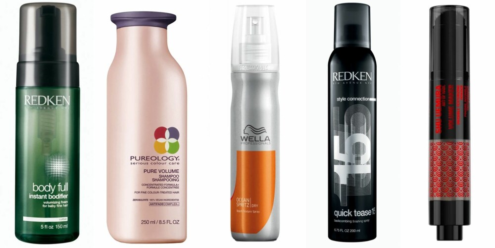 LOVER STORE TING: Redken Body Full Instant Bodifier volumskum, 338,-, Pureology Pure Volume Shampoo, 265,-, Wella Ocean Spritz saltvannsspray, 219,-, Redken Quick Tease tuperingsspray, 313,-, Shu Uemura Volume Maker hårpudder med pudderkost, 375,-.