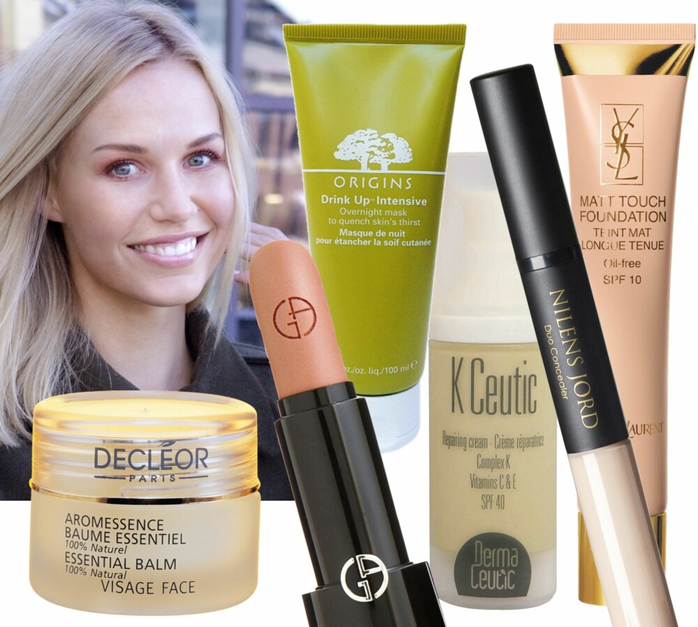 KARINES FAVORITTER: Hverdagsleppestiften jeg kjøper igjen og igjen. Armani Rouge D Armani i fargen Beige, kr 275. Jakten på den perfekte foundationen slutter aldri, og dette er den beste jeg har funnet hittil. YSL Matt touche foundation, kr 375. Min favorittconcealer! Nilens Jord Duo concealer, kr 189. Denne er jeg avhengig av, den roer ned huden og lukter helt fantastisk. Decléor Aromessence balm, kr 535. Jeg digger produktene fra DermaCeutic, de gjør en forskjell. Derma Ceutic K Ceutic Complex, kr 350. KARINES FAVORITTER: Hverdagsleppestiften jeg kjøper igjen og igjen. Armani Rouge D Armani i fargen Beige, kr 275. Jakten på den perfekte foundationen slutter aldri, og dette er den beste jeg har funnet hittil. YSL Matt touche foundation, kr 375. Min favorittconcealer! Nilens Jord Duo concealer, kr 189. Denne er jeg avhengig av, den roer ned huden og lukter helt fantastisk. Decléor Aromessence balm, kr 535. Jeg digger produktene fra DermaCeutic, de gjør en forskjell. Derma Ceutic K Ceutic Complex, kr 350.