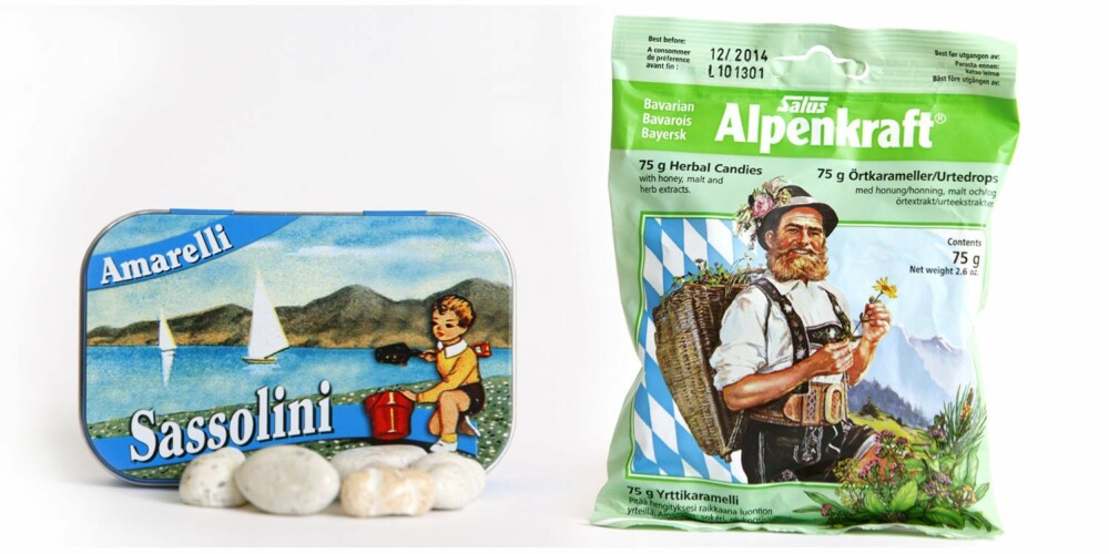 KALORIBOMBER: Salus Alpenkraft urtekarameller (375 kcal pr 100g) og Sassolini Amarelli lakrisdrops (378 kcal pr 100g) er "helsegodteri" med høyere kaloritetthet enn vanlig smågodt (369 kcal pr 100g).
