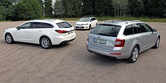 KLASSEKAMP: 3 x stasjonsvogner mellomklasse. Skoda Octavia, Toyota Avensis og Mazda 6. FOTO: Petter Handeland