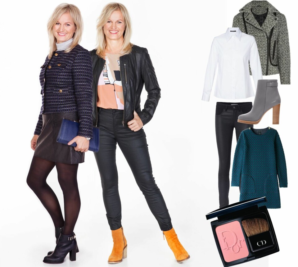 ETTER: Kristin ønsket tips til en presentabel businesstil med moderne vri. Det fikk hun også. Her ser du de to lookene hun fikk etter makeoveren. Kristin har på seg (til venstre): Polo fra H&M, kr 99. Jakke fra MQ, kr 999. Skinnskjørt fra Oasis, kr 749. Clutch fra Don Donna, kr 249. Klokke fra Dyrberg/Kern, kr 1690. Ankelboots fra Bianco, kr 699. Til høyre: Silketopp fra By Malene Birger/Høyer Eger, kr 2199. Skinnjakke fra Minus, kr 2300. Jeans fra MQ, kr 599. Boots fra Moods of Norway, kr 2400. Produktforslag helt til høyre: Tweedjakke fra Karl Lagerfeld/ www.net-a-porter.com, kr 3300. Skjorte fra Epilogue, kr 1200. Skinnbukse fra Samsøe Samsøe, kr 2499. Boots fra Zara, kr 1159. Kjole fra Marc by Marc Jacobs. Diorblush fra Dior, kr 375.