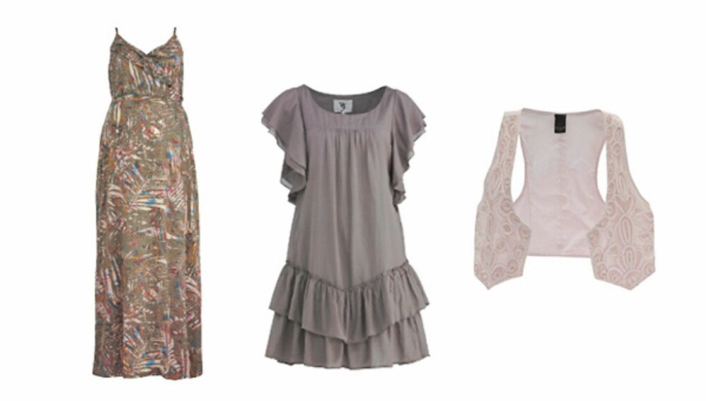 Fra venstre: Lang kjole med god vidde fra H&M, kr 499. Rysjekjole fra Only, kr 400. Vest med broderier fra Vila, kr 199.