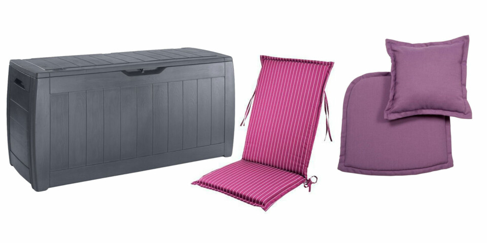 UV-BESKYTTELSE: Fra venstre: Frostsikker puteboks i UV-beskyttet plast, kr 275 fra Jysk. Pute i UV-behandlet polyster, kr 139 fra Biltema. Milano putesett av vannavvisende polyesterstoff med UV-beskyttelse, kr 79 fra Rusta.