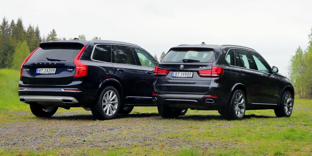 KARAKTERTREFF: Volvo XC90 og BMW X5 er begge store SUV-er som kan romme inntil sju personer. Men karakteren til de to bilene er temmelig forskjellig.