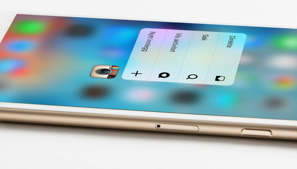 3D TOUCH: Et hardt og bestemt trykk på en app gir en "høyreklikk"-funksjon på nye iPhoneo 6s Plus. Her på Instagram får man for eksempel opp noen ekstra menyvalg. 3D TOUCH: Et hardt og bestemt trykk på en app gir en "høyreklikk"-funksjon på nye iPhoneo 6s Plus. Her på Instagram får man for eksempel opp noen ekstra menyvalg.