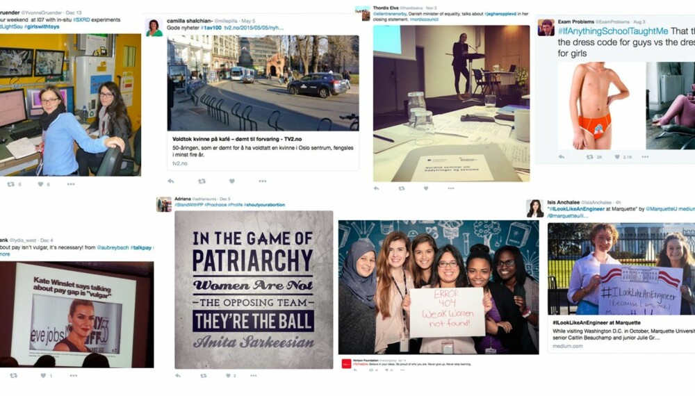 FEMINISTISK: Disse åtte hashtaggene har alle gått viralt i 2015. Øverst fra venstre: #girlswithtoys, #1av100, #jegharopplevd, #IfAnythingSchoolTaughtMe. Nederst fra venstre: #talkpay, #shoutyourabortion, #ToTheGirls, #ILookLikeAnEngeneer.