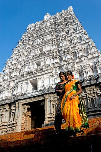 EKSOTISK: I begynnelsen av trappene opp mot Tirumala finnes flotte templer og farferiek kvinner.