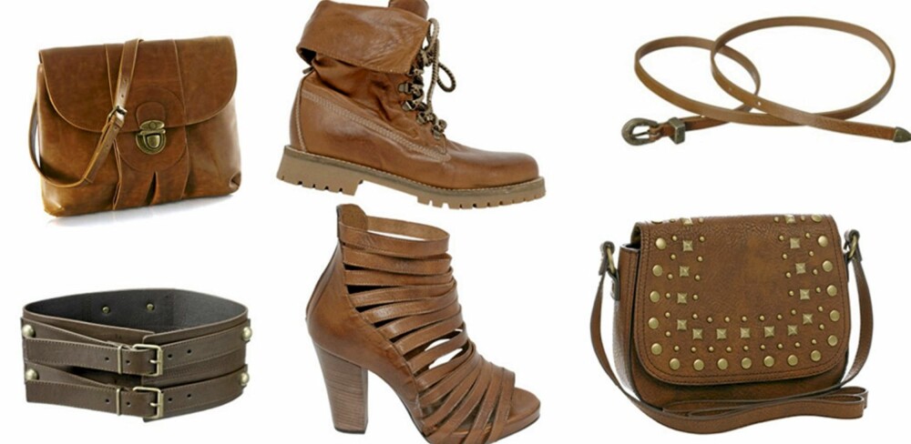 FRA VENSTRE: Brun veske fra La Redoute (kr 266), bredt belte fra Gina Tricot (kr 99), kraftige boots fra Bianco (kr 900) høye sandaler fra Bianco (kr 1100), smalt belte fra Gina Tricot (kr 79), veske med nagler fra Accessorize (kr 289). FRA VENSTRE: Brun veske fra La Redoute (kr 266), bredt belte fra Gina Tricot (kr 99), kraftige boots fra Bianco (kr 900) høye sandaler fra Bianco (kr 1100), smalt belte fra Gina Tricot (kr 79), veske med nagler fra Accessorize (kr 289).