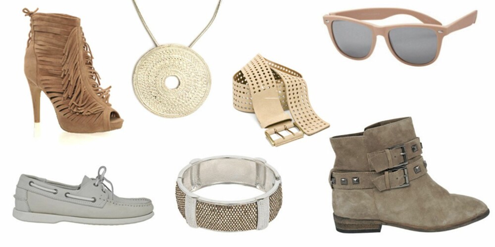 FRA VENSTRE: Sko med frynser fra Nelly Shoes (kr 449), seilersko fra Bianco (kr 650), gresk smykke fra Nelly Accessories (kr 129), armbånd fra Bianco (kr 60), hullete belte fra Mango (kr 349), solbriller fra Gina Tricot (kr 59) korte boots fra Bianco (kr 1000). FRA VENSTRE: Sko med frynser fra Nelly Shoes (kr 449), seilersko fra Bianco (kr 650), gresk smykke fra Nelly Accessories (kr 129), armbånd fra Bianco (kr 60), hullete belte fra Mango (kr 349), solbriller fra Gina Tricot (kr 59) korte boots fra Bianco (kr 1000).
