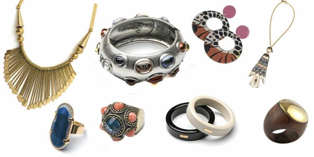 FRA VENSTRE: Statementsmykke fra Nelly Accessories (kr 149), ring med blå sten fra Mango (kr 179), ring med oransje stener fra Mango (kr 179) sølvarmbånd fra Mango (kr 299), tribal øredobber fra Gina Tricot (kr 129), sort og hvitt årmbånd fra Mango (kr 179), duesmykke fra Mango (kr 199). FRA VENSTRE: Statementsmykke fra Nelly Accessories (kr 149), ring med blå sten fra Mango (kr 179), ring med oransje stener fra Mango (kr 179) sølvarmbånd fra Mango (kr 299), tribal øredobber fra Gina Tricot (kr 129), sort og hvitt årmbånd fra Mango (kr 179), duesmykke fra Mango (kr 199).