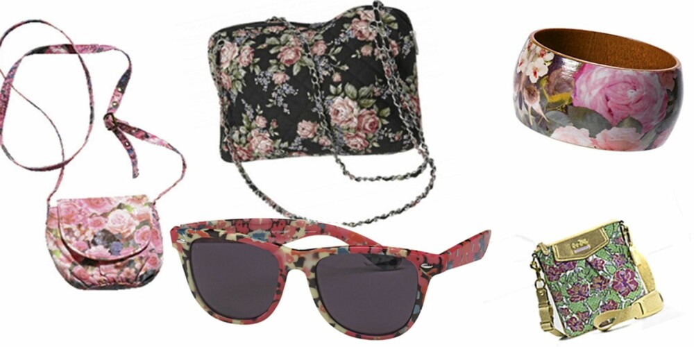 FRA VENSTRE: Rosa blomsterveske H&M (kr 65), sort blomsterveske Gina Tricot (kr 199), solbriller fra Gina Tricot (kr 48), blomstrete armbånd H&M (kr 49,50), grønnblomstrete veske fra Coach (kr 812).