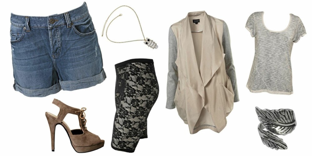 FRA VENSTRE: Denimshorts fra Topshop (kr 288), smykke fra Topshop (kr 76), sko fra H&M (kr 399), sykkelshorts fra Gina Tricot (kr 99), blazer fra Topshop (kr 575), T-skjorte fra Vila (kr 199), ring fra Bik Bok (kr 49). FRA VENSTRE: Denimshorts fra Topshop (kr 288), smykke fra Topshop (kr 76), sko fra H&M (kr 399), sykkelshorts fra Gina Tricot (kr 99), blazer fra Topshop (kr 575), T-skjorte fra Vila (kr 199), ring fra Bik Bok (kr 49).