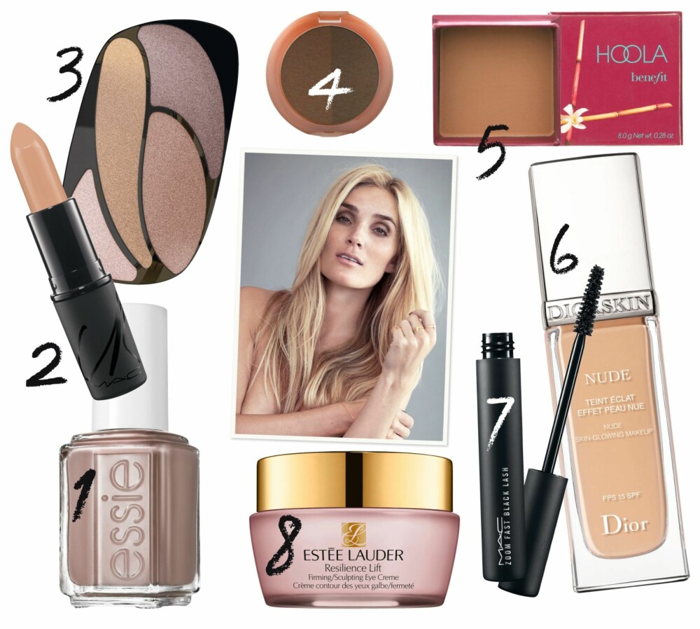 PRODUKTENE: 1. Estée Lauder Resilience lift, kr 595. 2. Dior nude foundation, kr 410. 3. Benefit Hoola solpudder/Asos.com, kr 243. 4. Mac Studio fix boldback lash, kr 160. 5. Paul & Joe brynspalett/Asos.com, kr 155. 6. Mac Lipstick, kr 185. 7. L'Oréal Color riche quads, kr 149. 8. Essie neglelakk, kr 129.