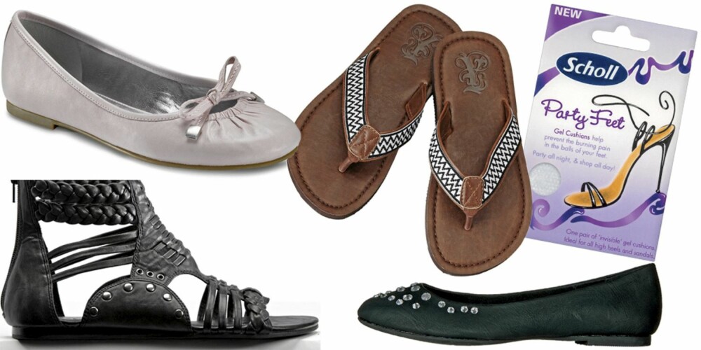 FRA VENSTRE: Sandaler fra Bianco (kr 450), ballerina fra Ecco (kr899), sandaler fra HogM (kr 79,50), ballerina fra Din Sko (kr 299), Scholl Party Feet (kr 89).