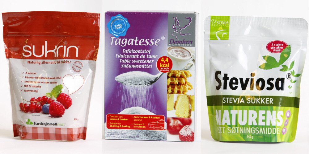 SUKKERALKOHOLER: Sukrin har en smak og et utseende som er svært lik sukker, men gir ingen blodsukkerstigning og kalorier. Siden svært lite av søtstoffet blir tatt opp i kroppen (kun 15-20 prosent) har tagatose liten påvirkning på blodsukkeret. Studier viser at tagatose også bidrar til å dempe den totale blodsukkerstigningen etter et måltid. Stevia er et intenst søtstoff, men påvirker ikke blodsukker eller insulinproduksjonen. SUKKERALKOHOLER: Sukrin har en smak og et utseende som er svært lik sukker, men gir ingen blodsukkerstigning og kalorier. Siden svært lite av søtstoffet blir tatt opp i kroppen (kun 15-20 prosent) har tagatose liten påvirkning på blodsukkeret. Studier viser at tagatose også bidrar til å dempe den totale blodsukkerstigningen etter et måltid. Stevia er et intenst søtstoff, men påvirker ikke blodsukker eller insulinproduksjonen.