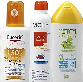 BRA: Eucerin Kids Spray 50+ ble nummer 4, Yves Rocher Protectyl Végétal Lotion SF30 nummer 5 og Vichy Capital Solei spray multi-positions 30 nummer 6.