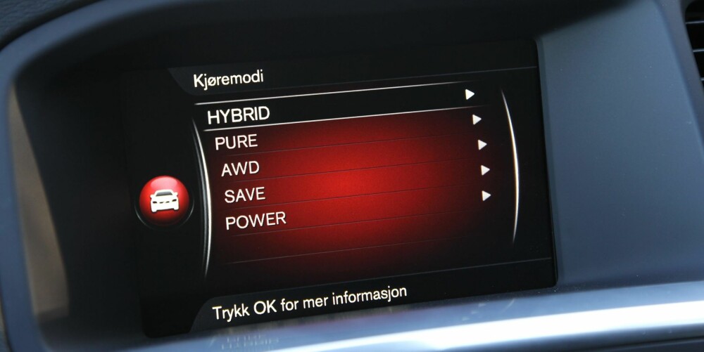 MANGE VALG: Volvo V60 D5 Twin Engine kan kjøres i en rekke kjøremodi ut fra hva som passer best. Den ordner imidlertid fint opp i det meste automatisk om du lar den stå i standardinnstillingen "hybrid".