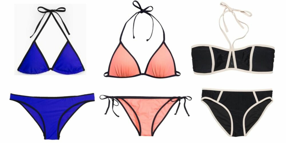 GRAFISK: Blå bikini fra Mango, kr 140 per del. Ferskenfarget bikini fra H&M, kr 129 per del. Sort og hvit bikini fra Bik Bok, kr 129 per del. 